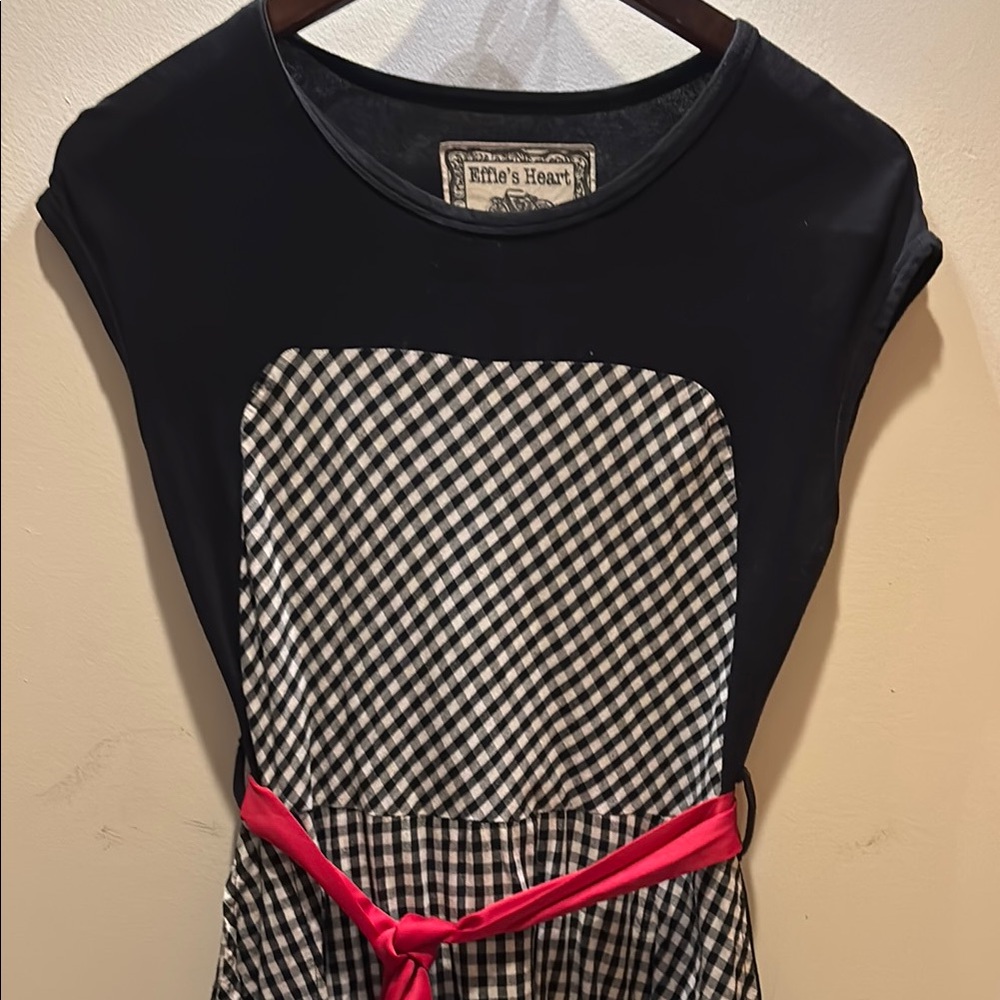 Ellie's Heart Black Gingham Dress with Pink Sash
